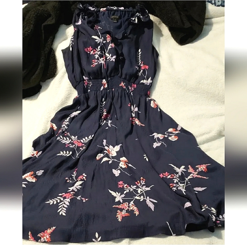 Ann Taylor Navy Floral Halter Ruffle Dress Sleeveless Size XS